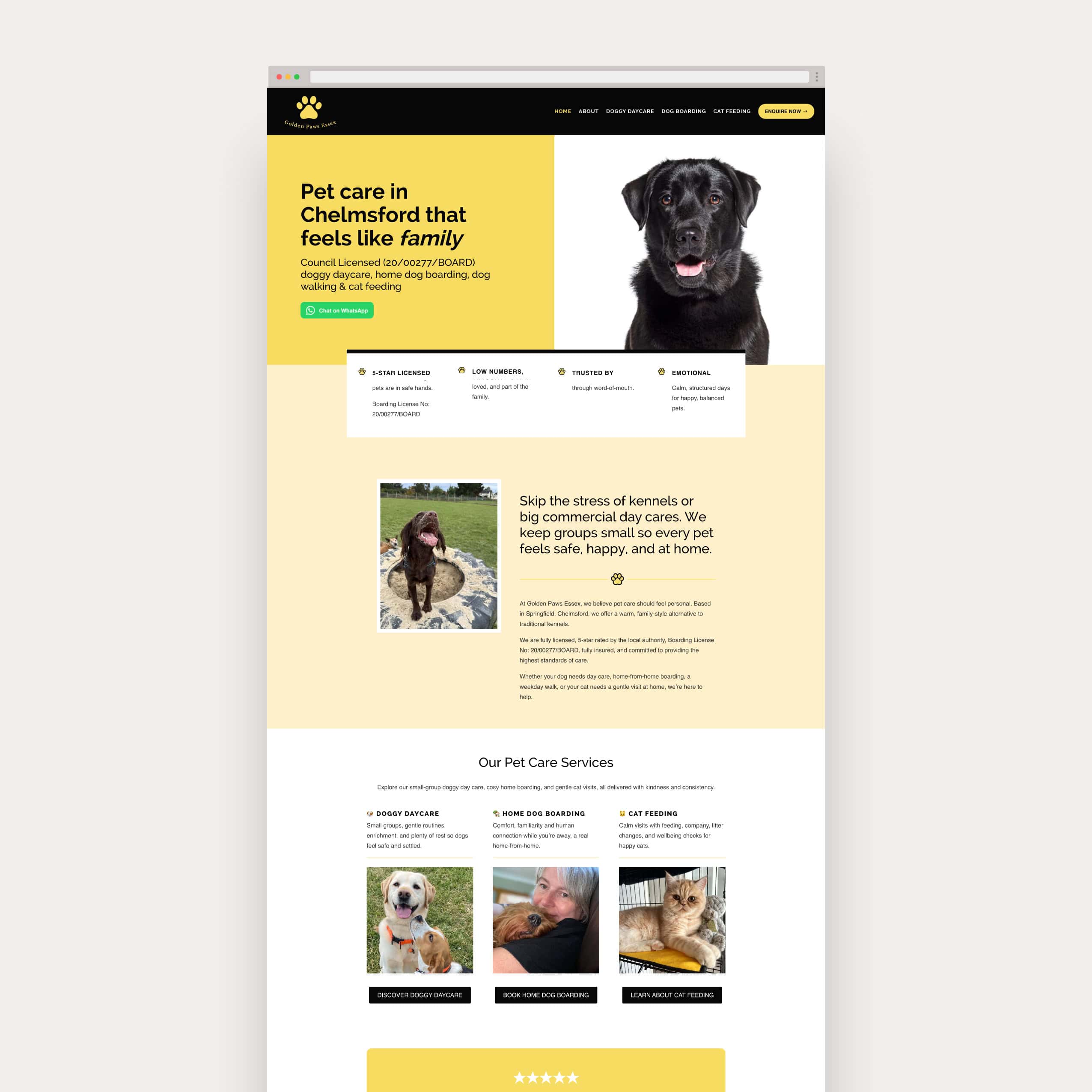 Golden Paws Essex Dog boarding web design Screenshot of a webpage for 'Paws & Wellies, Romps & Rambles', offering dog boarding and daycare services with images of a happy dog on a bed and two dogs outdoors.
