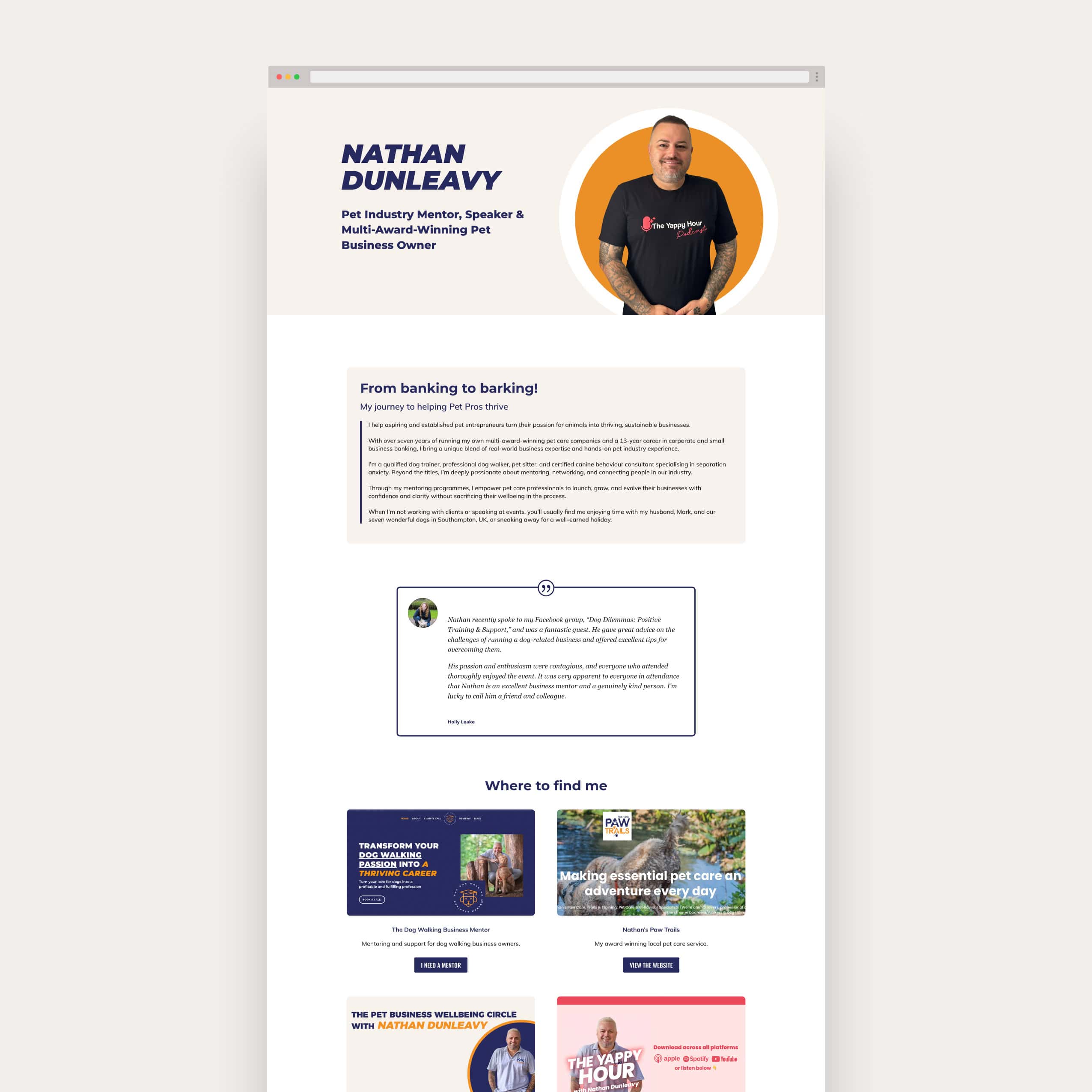 Nathan Dunleavy Personal Brand web design A screenshot of a website for 'CANINE Academy' advertising puppy training services, featuring an image of a person training a dog in a classroom setting, along with text and icons highlighting their services and philosophy on puppy raising.