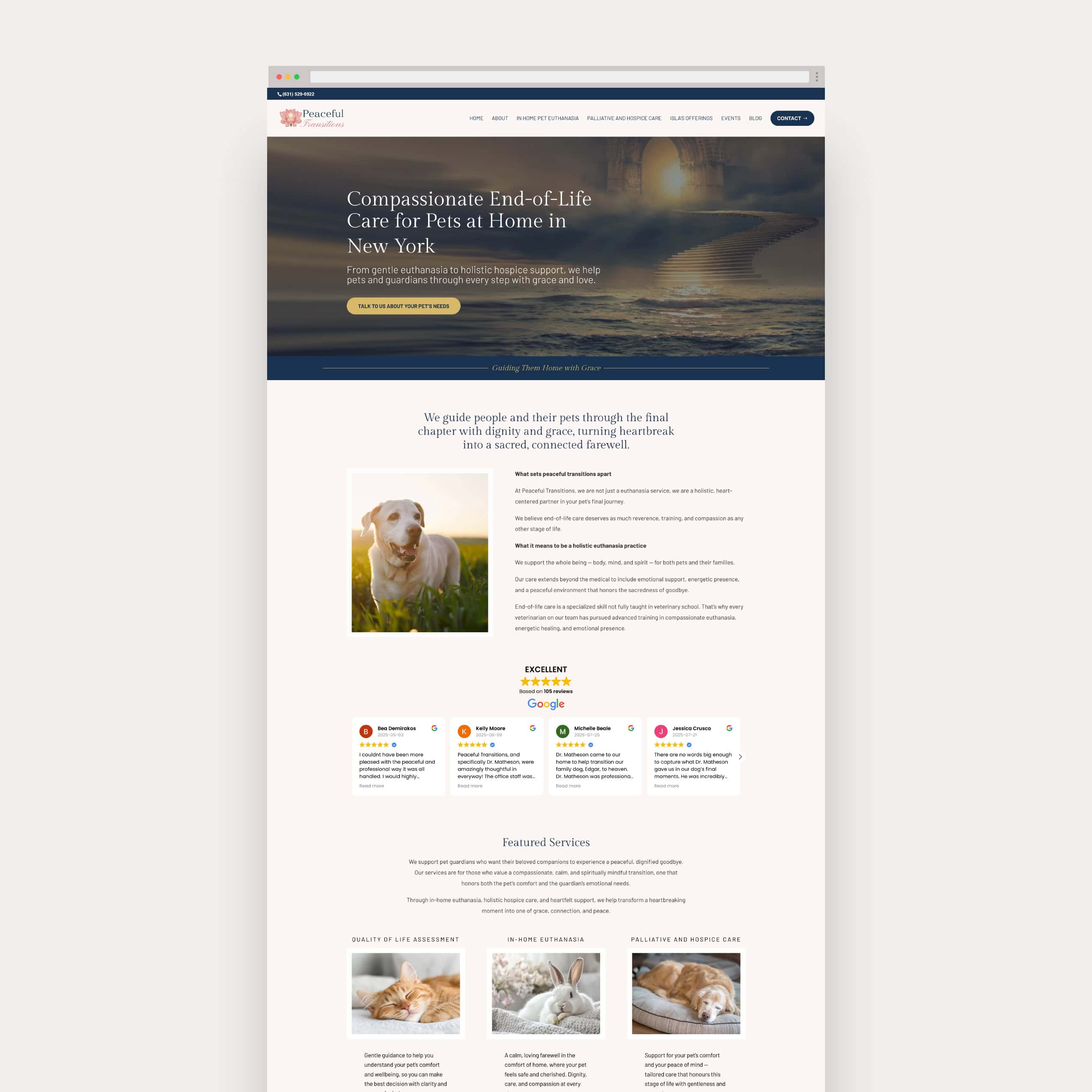 Peaceful transitions web design Screenshot of a webpage for 'Paws & Wellies, Romps & Rambles', offering dog boarding and daycare services with images of a happy dog on a bed and two dogs outdoors.