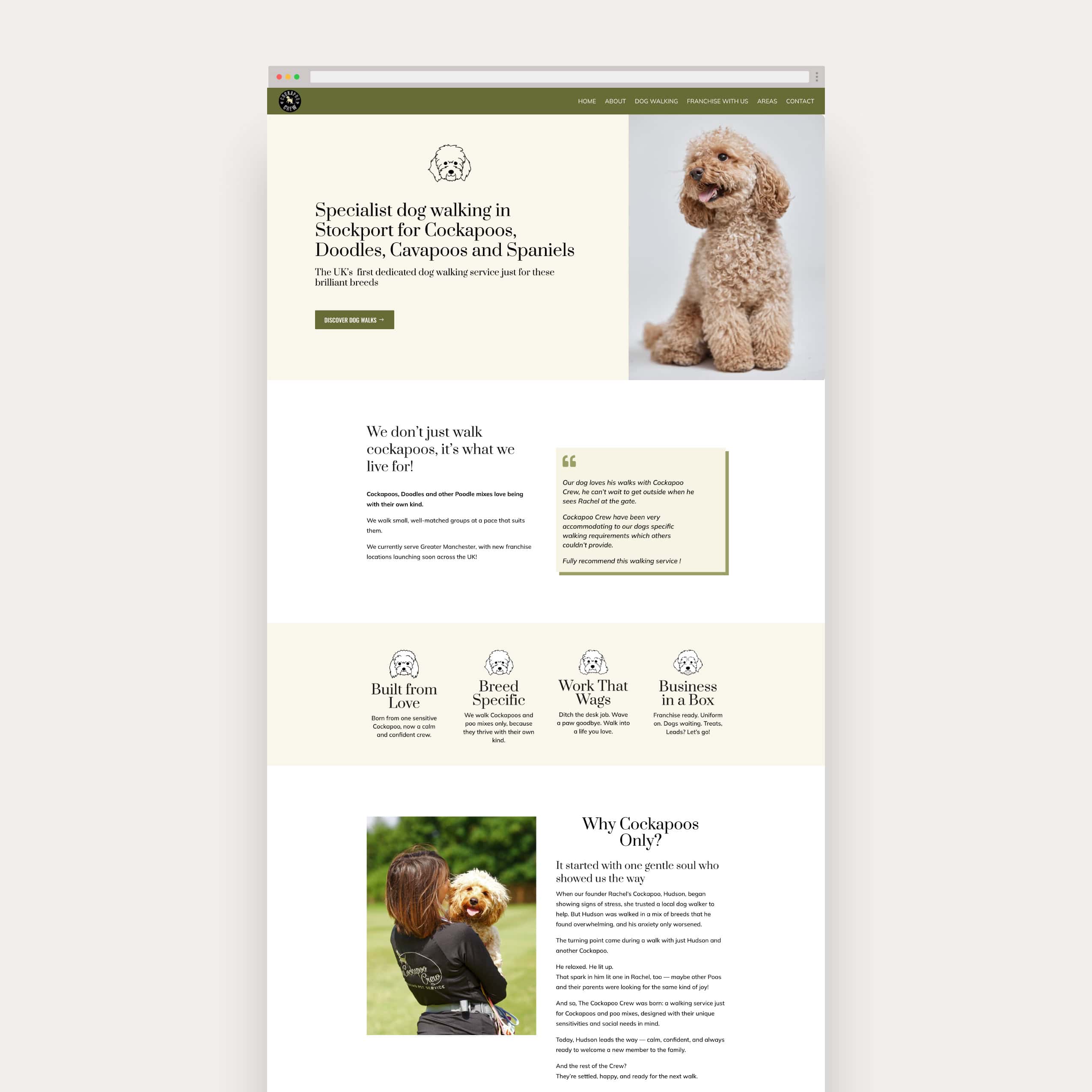 The Cockapoo Crew Dog Walker Website A screenshot of a website for 'CANINE Academy' advertising puppy training services, featuring an image of a person training a dog in a classroom setting, along with text and icons highlighting their services and philosophy on puppy raising.